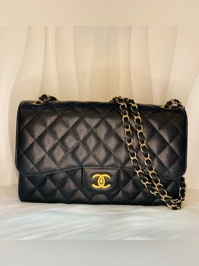 CHANEL Classic Bag Jumbo Black Quilted Shoulder Bag with Gold Chain